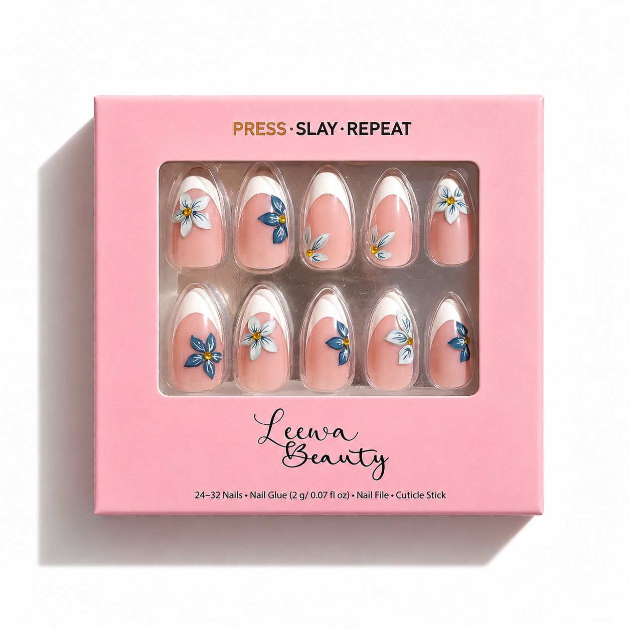 Dahlia blue floral French press-on nails in Leewa Beauty packaging