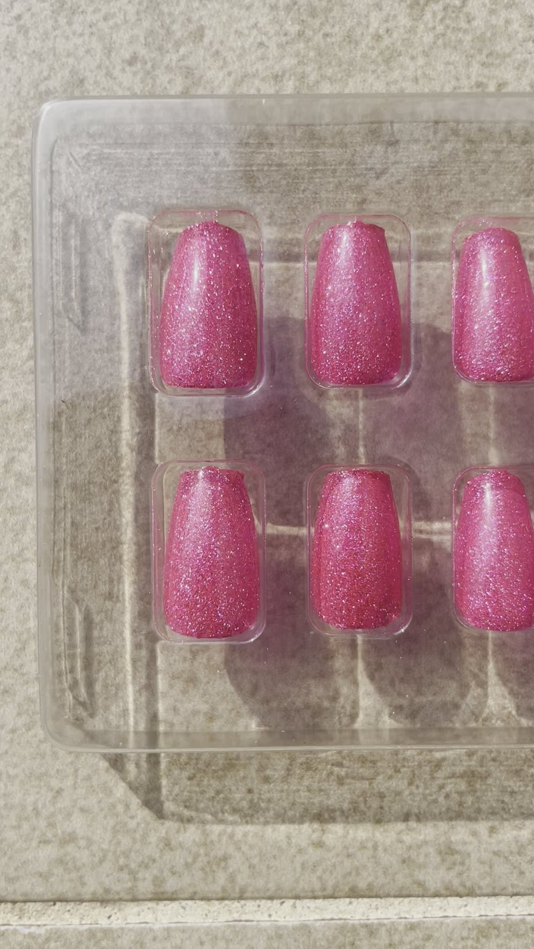 Short Pink Shimmery Reflective Drama Queen Coffin press-on nails made by Leewa Beauty