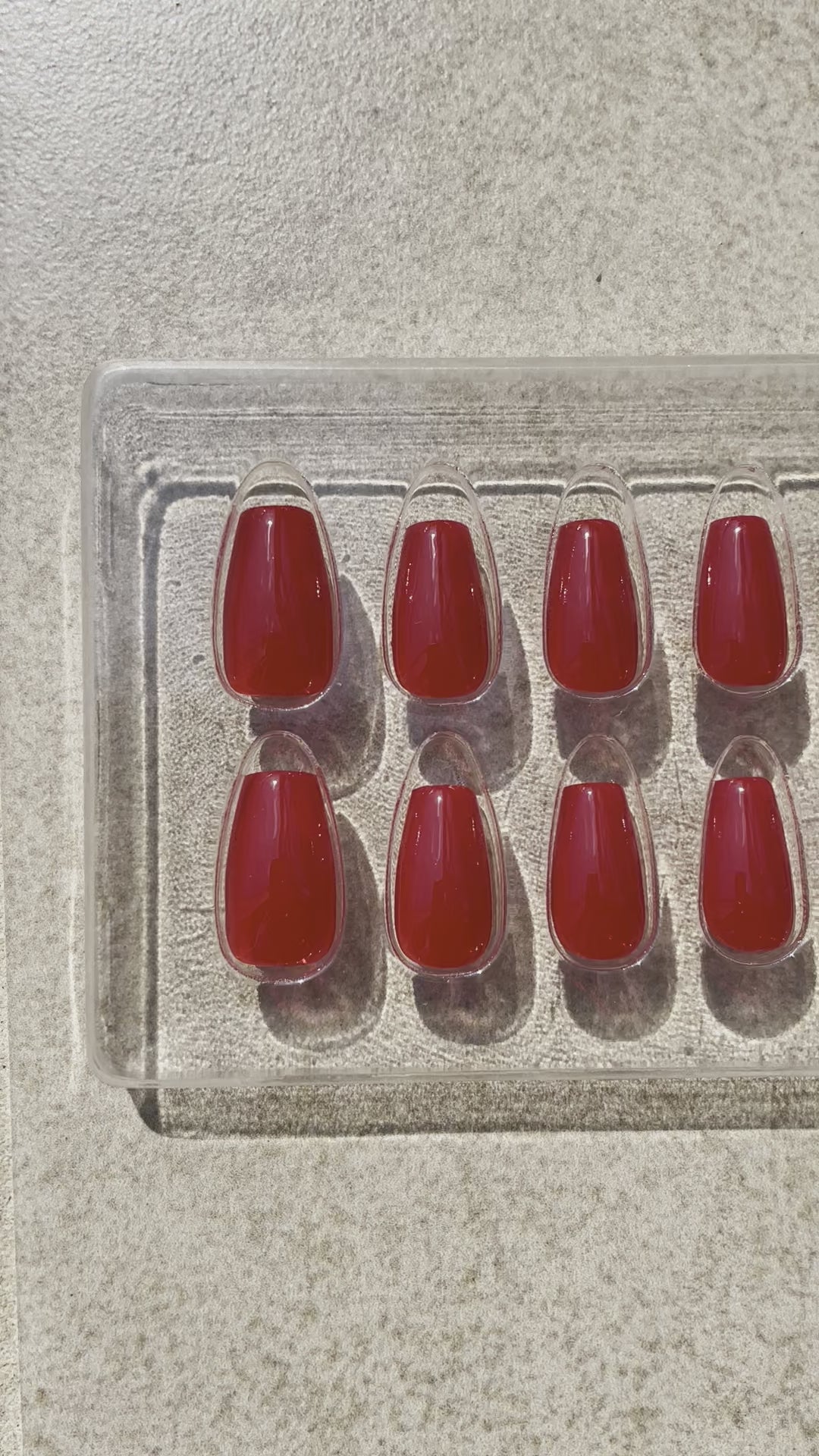 Reusable Short Red Coffin Press-On Nails named Ruby Coffin made by Leewa Beauty