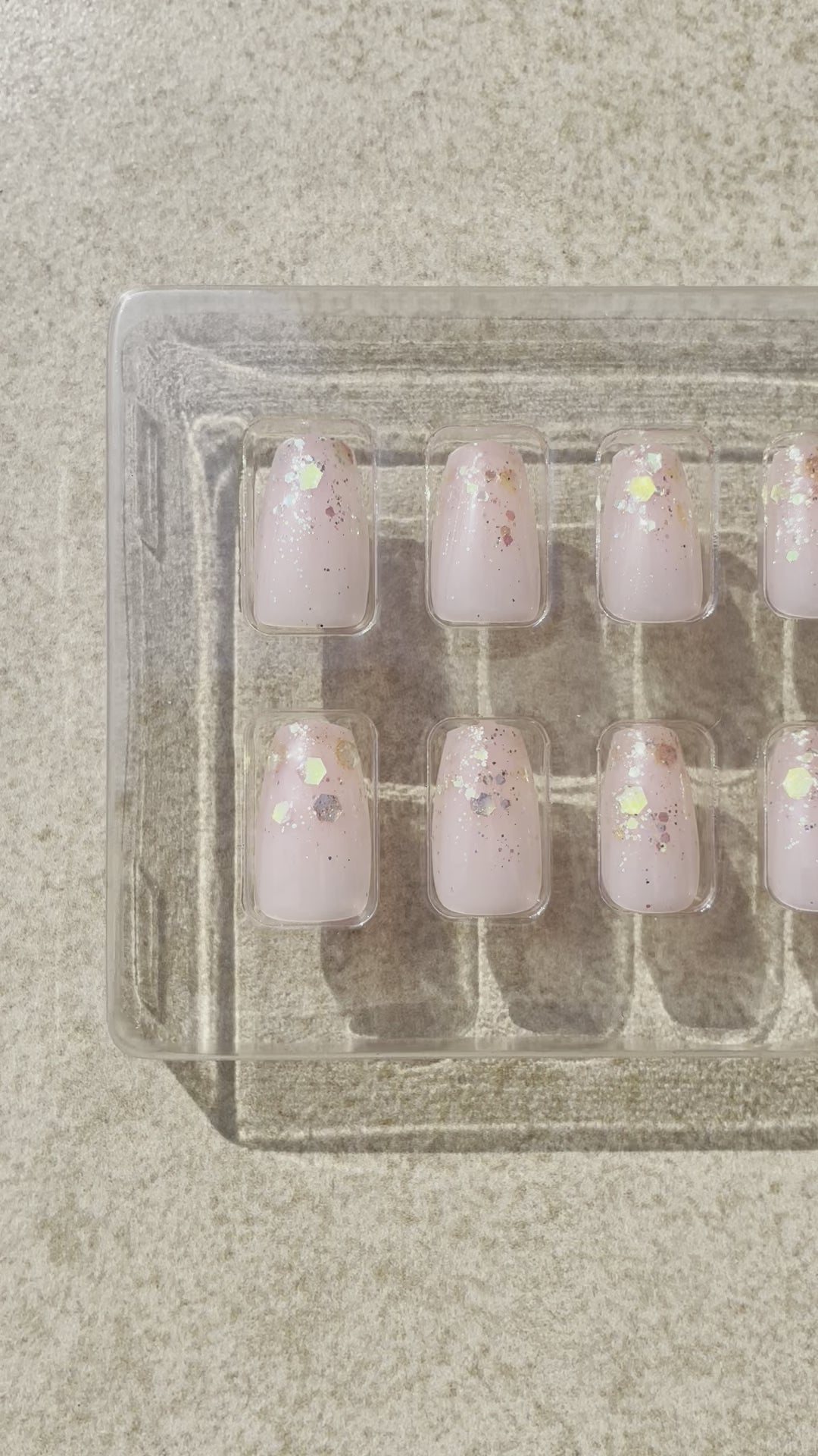 Short Sequin Nude Pink design Enchanted Coffin Press-on Nails made by Leewa Beauty