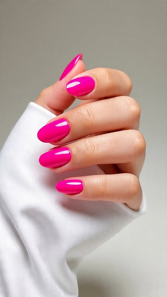 Hand with bright pink nails against a neutral background