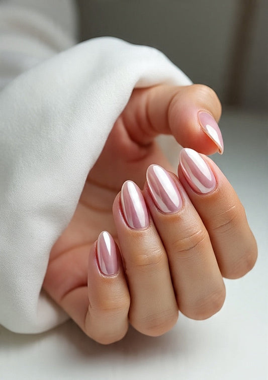 Close-up of a hand with pink chrome press on nails in a neutral background