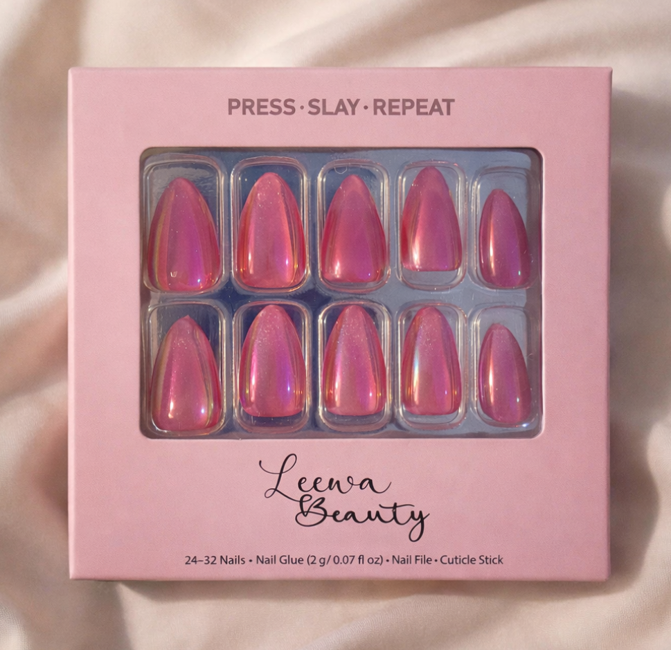 Pink nail art kit with press-on nails and 'Leewa Beauty' branding on a soft pink background.