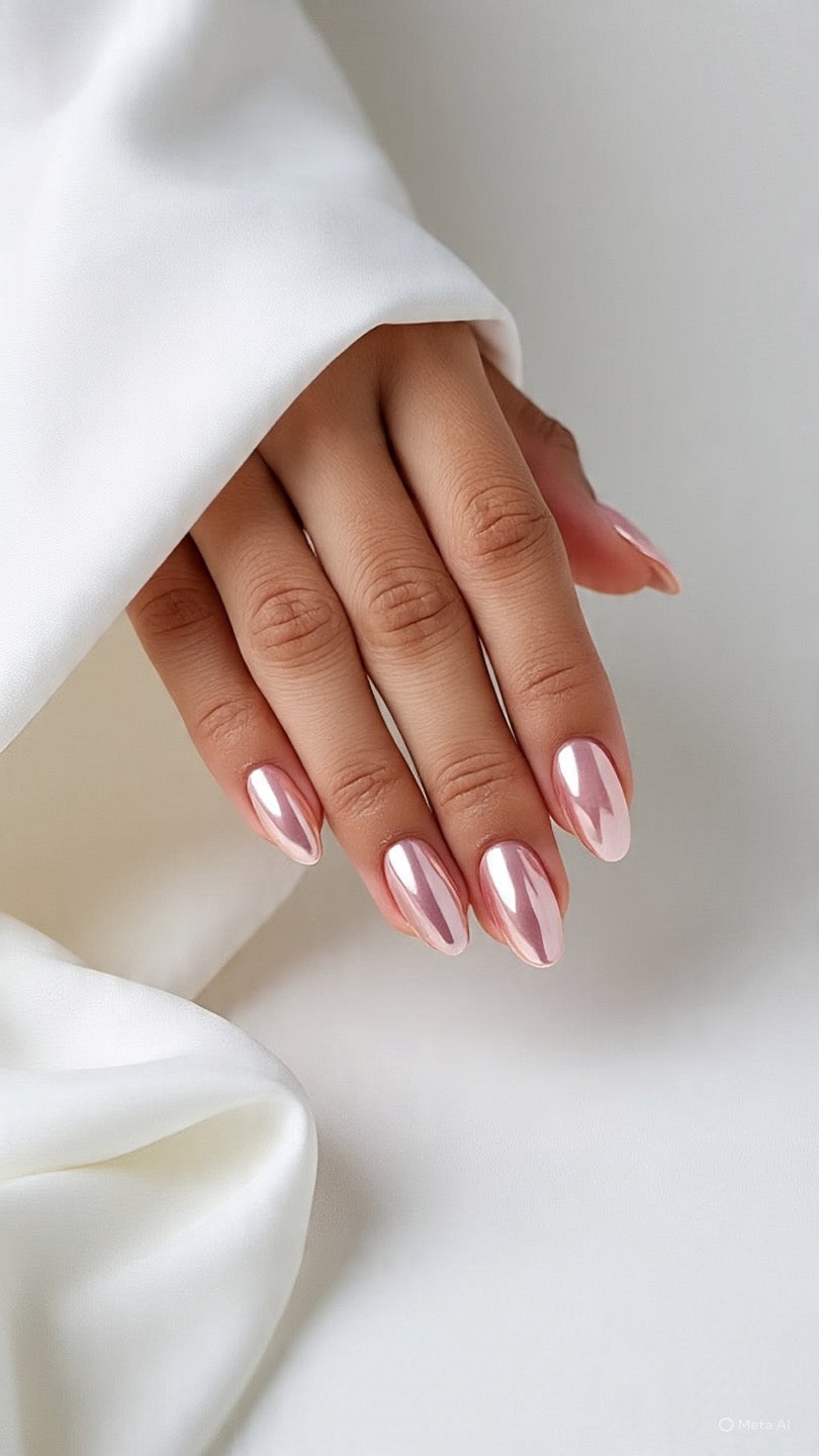 Close-up of a hand with pink chrome press on nails in a white background