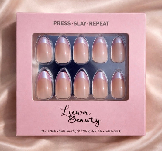 Lilac French tips in packaging with 'Press, Slay, Repeat' text and 'Leewa Beauty' branding on a pink satin background.