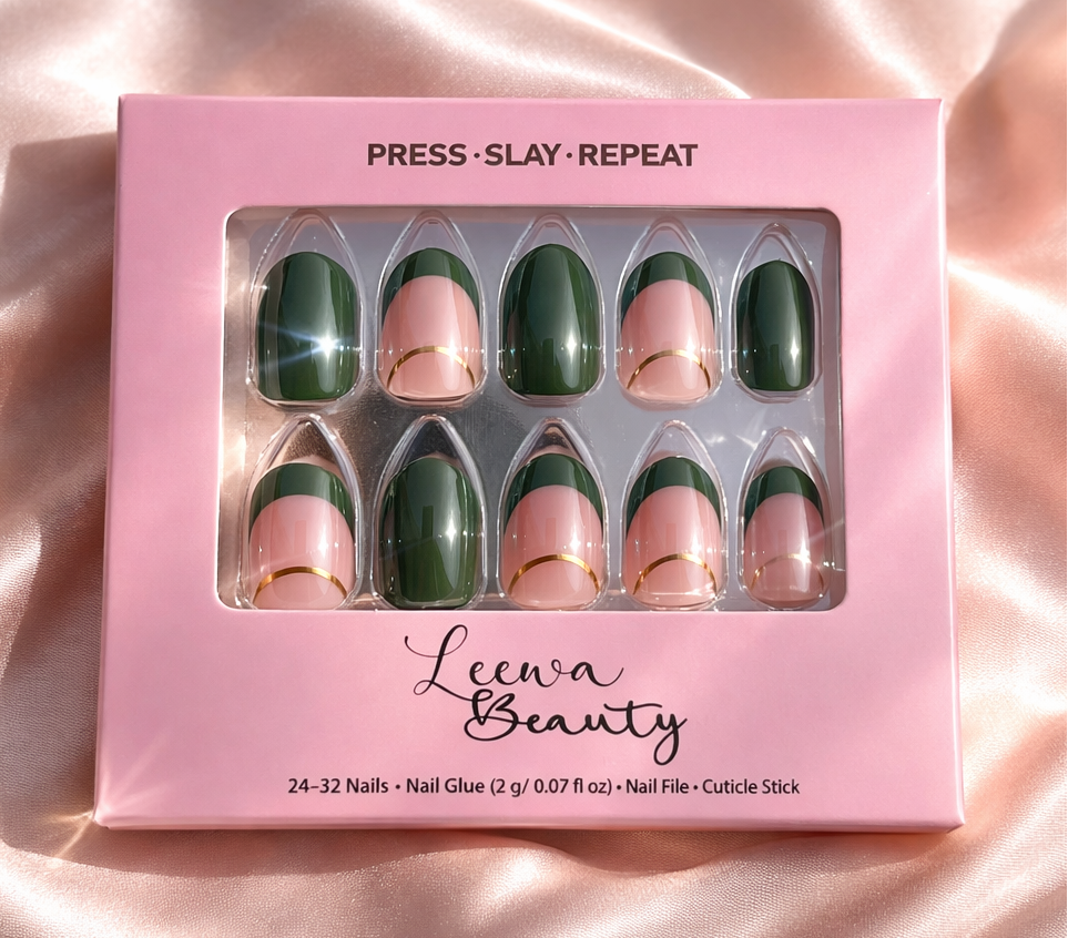 Nail art set with pink and green design in a 'Leewa Beauty' box on a satin background