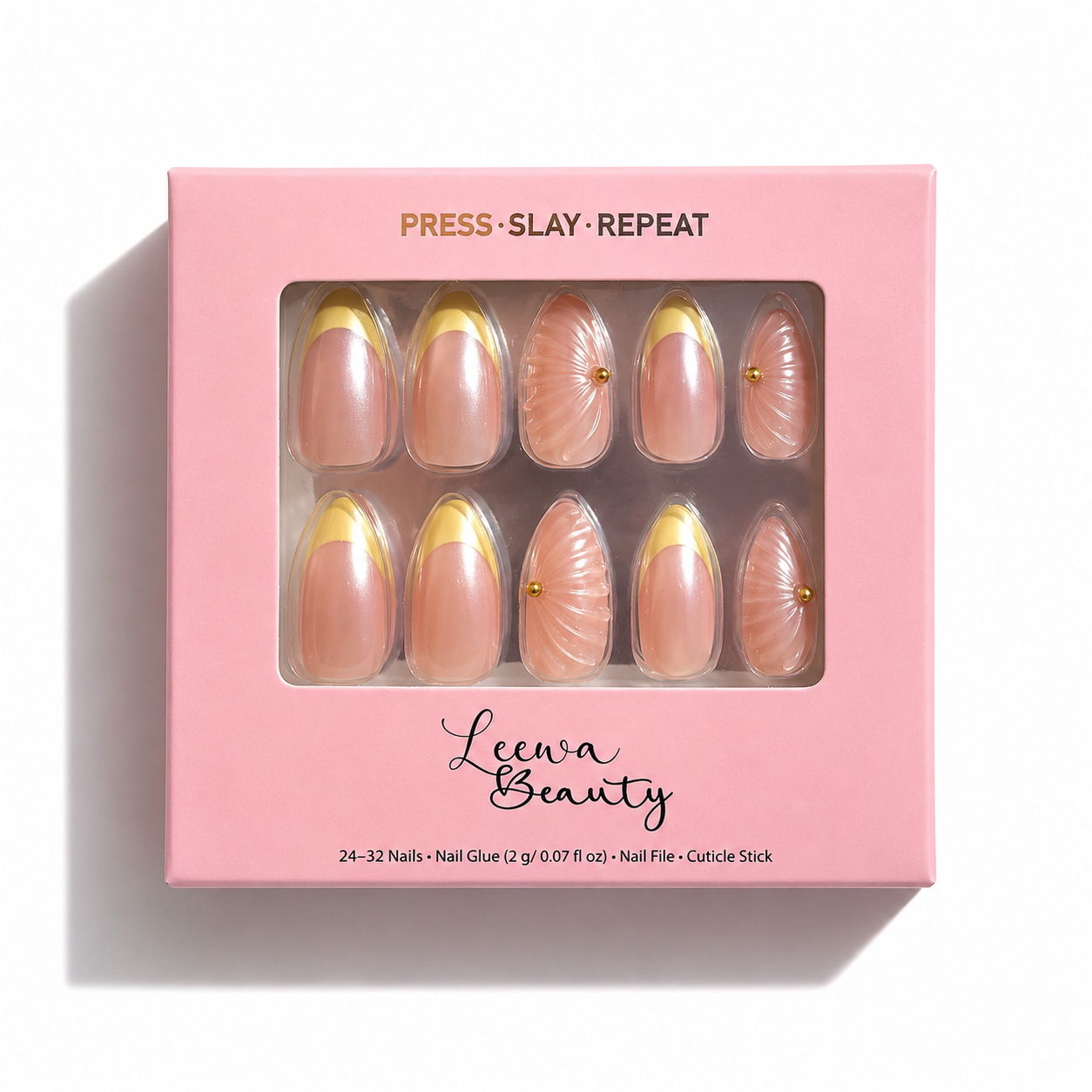 Marbella yellow French shell press-on nails by Leewa Beauty