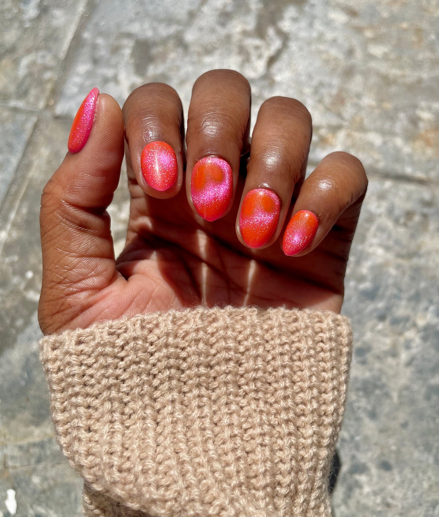 Pink Venom extra short press-on nails - short length, duochrome shimmer, hot pink with hearts