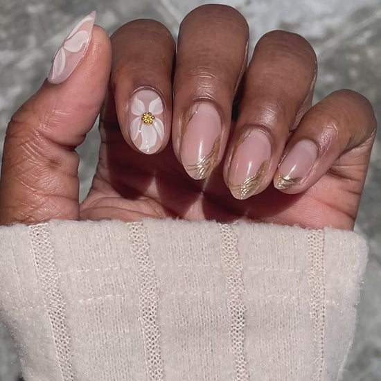Golden Bloom short almond press-on nails with pearl satin finish, 3D pearl beads and gold foil tip accent – Leewa Beauty

