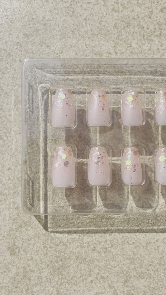 Short Sequin Nude Pink design Enchanted Coffin Press-on Nails made by Leewa Beauty 